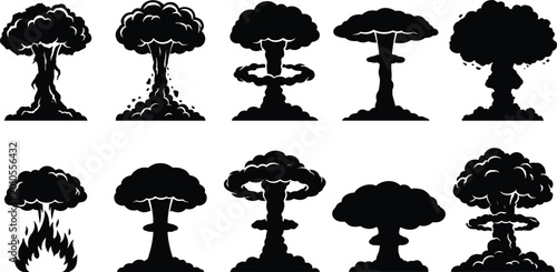 Obraz na plátne Explosion and Mushroom Cloud Icons Set Featuring Various Nuclear Blast and Fireb