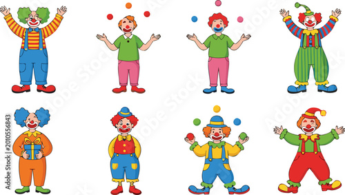 Obraz na płótnie Funny Clown Characters Juggling Vector Set with Circus Performers, Colorful Cost