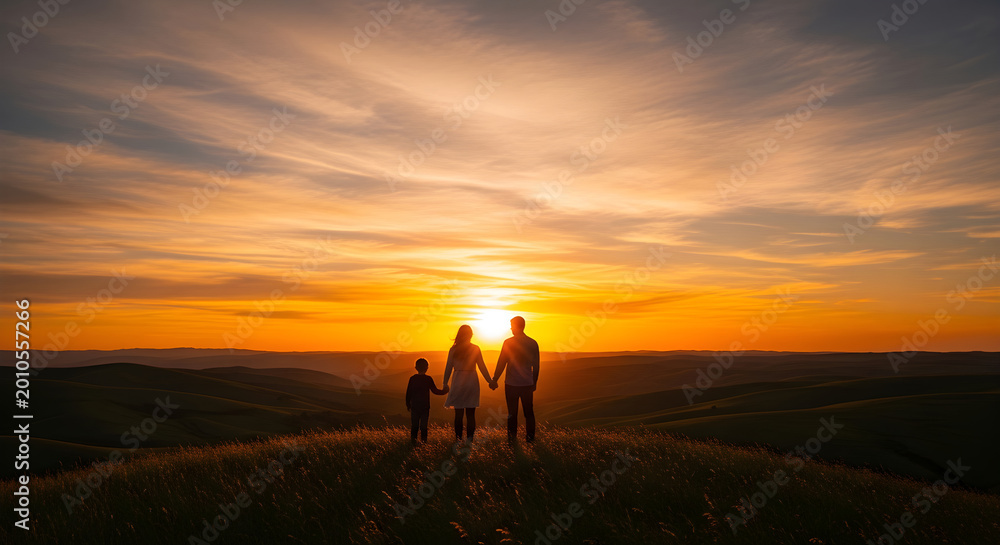 Fototapeta premium Family walks hand in hand at sunset on a serene landscape