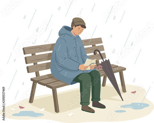 Foto Person sitting on bench in rain, solitude, reflection, melancholy mood, emotiona