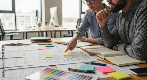 Two businessmen working on a project together in an office setting with papers and sticky notes on t