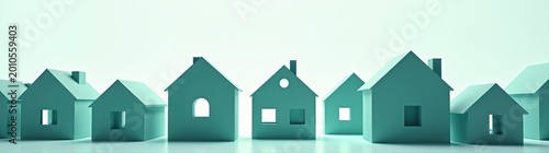 Several green houses are lined up in a row on a white surface real estate