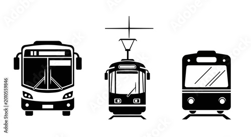 Set of public transport icons: bus, tram, train