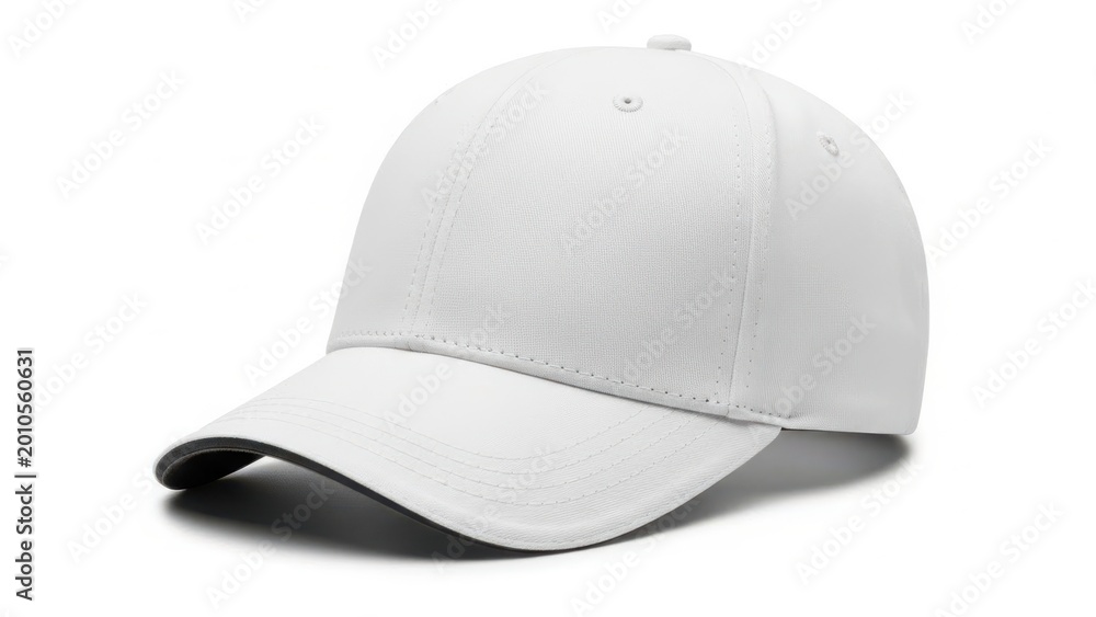 Fototapeta premium A white baseball cap with a curved brim and a flat top, set against a white background