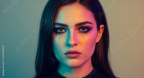 A beautiful woman with makeup and tears, her face split in colorful light