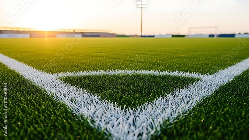 A close-up of a soccer field with marked lines and green grass