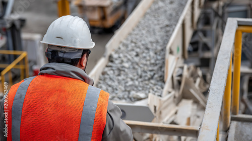 Industrial worker observes rock conveyor system at a construction or quarry site, wearing a safety helmet and high-visibility vest