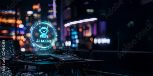 Futuristic holographic AI agent icon with smiling robot face above workstation, glowing in front of colorful cyberpunk city lights and modern digital environment.