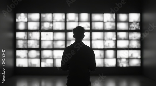 Man standing in front of a wall of televisions