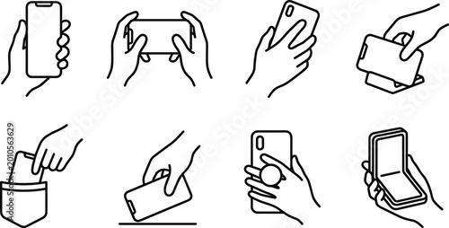 Mobile Phone Handling and Usage Icons Set Featuring Hand Gestures, Phone Grips, and Phone Storage for Digital Interaction