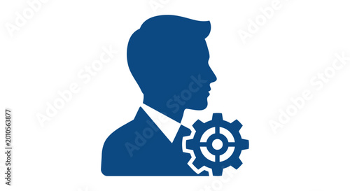 Man s head silhouette with gear icon dark blue
