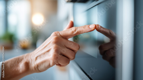 Close-up of faceless fingers touching a blank glowing tablet screen mounted on a kitchen wall, sharp focus on the sleek glass and hand, bright daylight, smart home interface concep