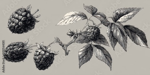 Vintage engraved illustration of blackberries and a berry branch with leaves, presented in a classic botanical art style on a neutral background for design.
