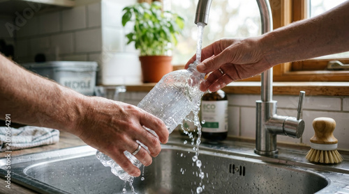 Water flows from a faucet into a clear bottle, as hands hold it under the stream, capturing the essence of everyday hydration.