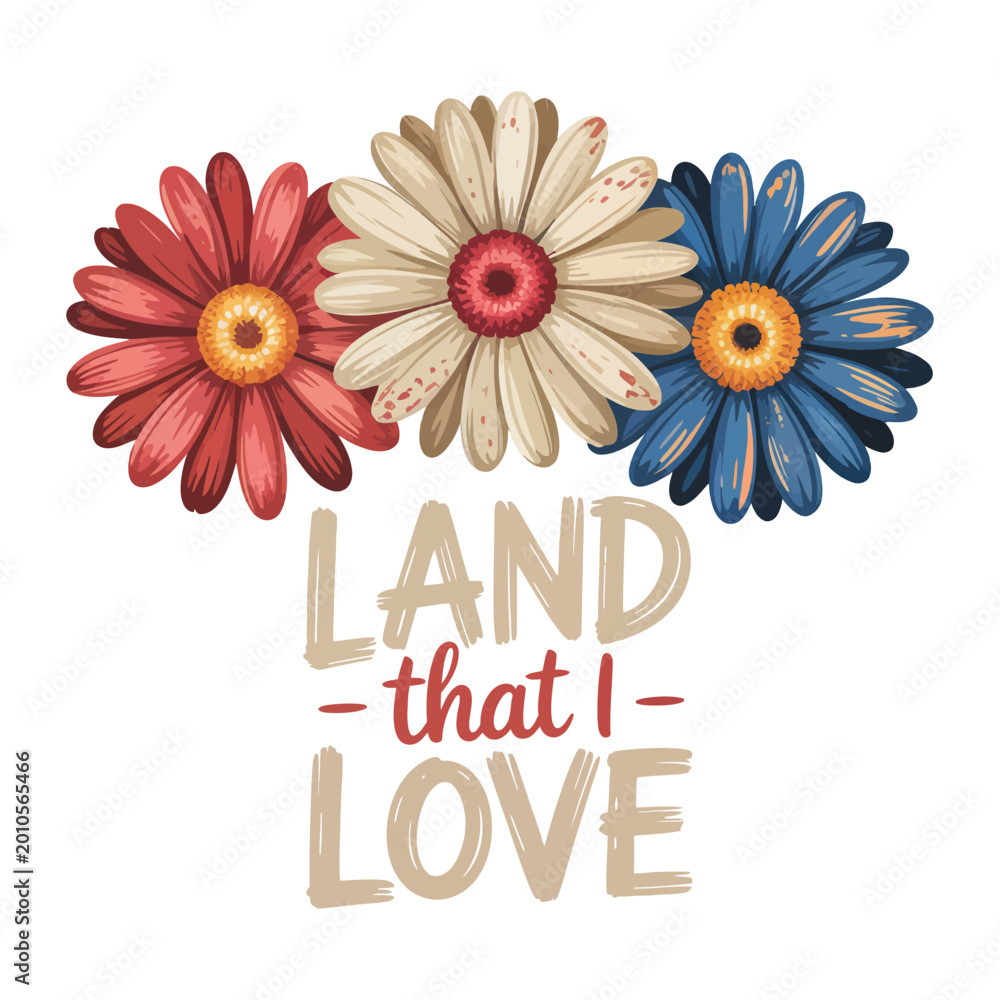 Fototapeta premium Land That I Love Patriotic Floral Typography Illustration