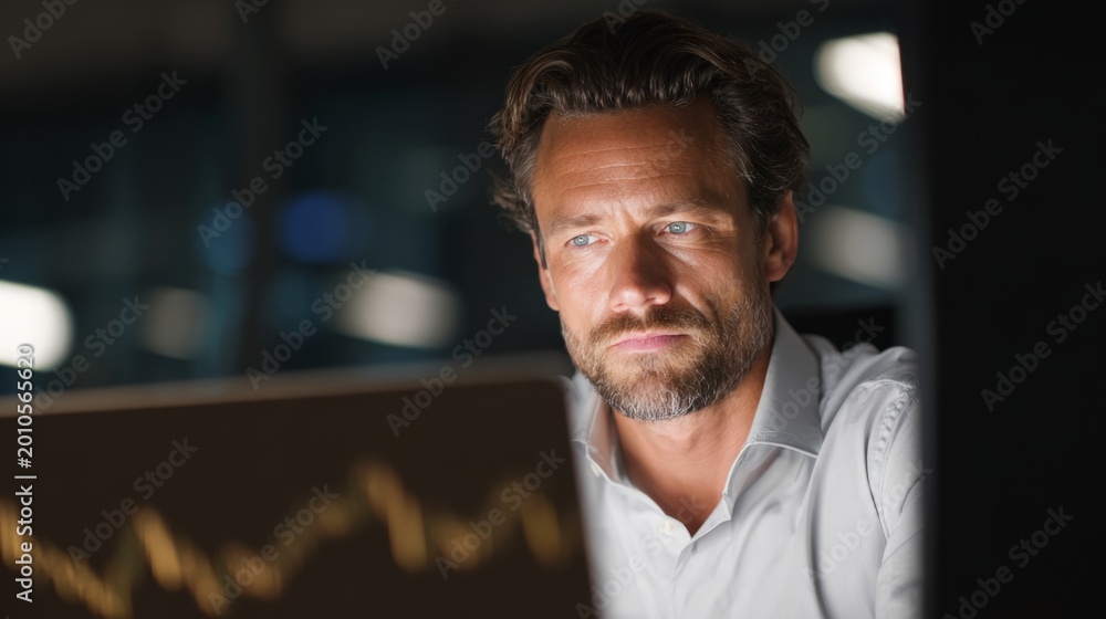 Obraz premium Focused businessman working late on laptop in modern office