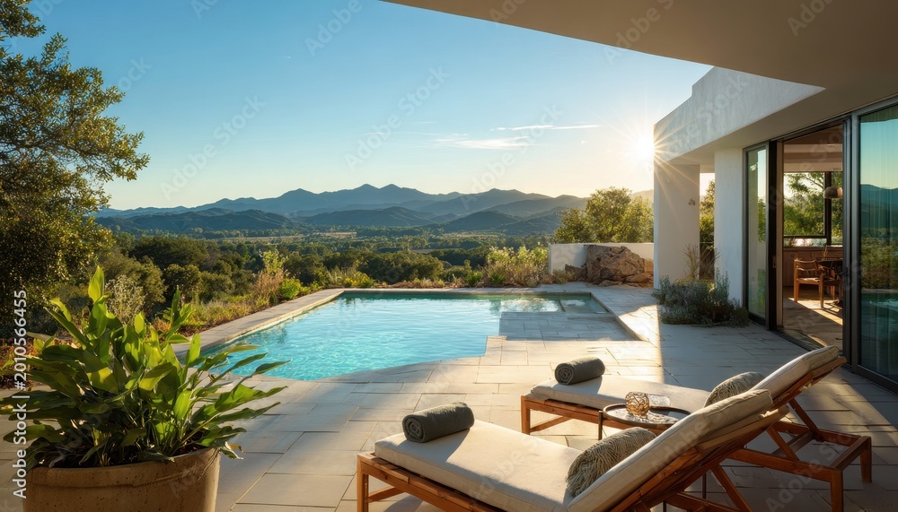 Fototapeta premium Modern luxury villa patio with infinity pool and sun loungers offering a panoramic view of a stunning mountainous landscape bathed in golden hour sunset light