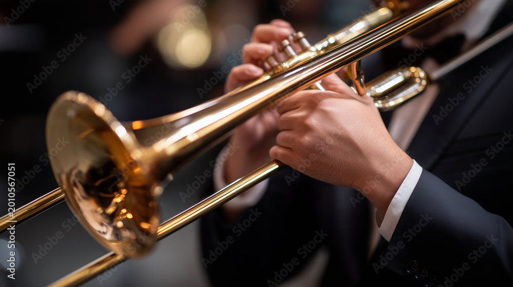 Fototapeta premium gleaming brass trombone during a lively musical performance, copy space closeup