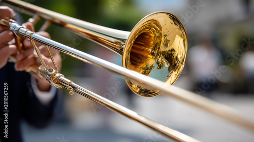 gleaming brass trombone during a lively musical performance, copy space closeup