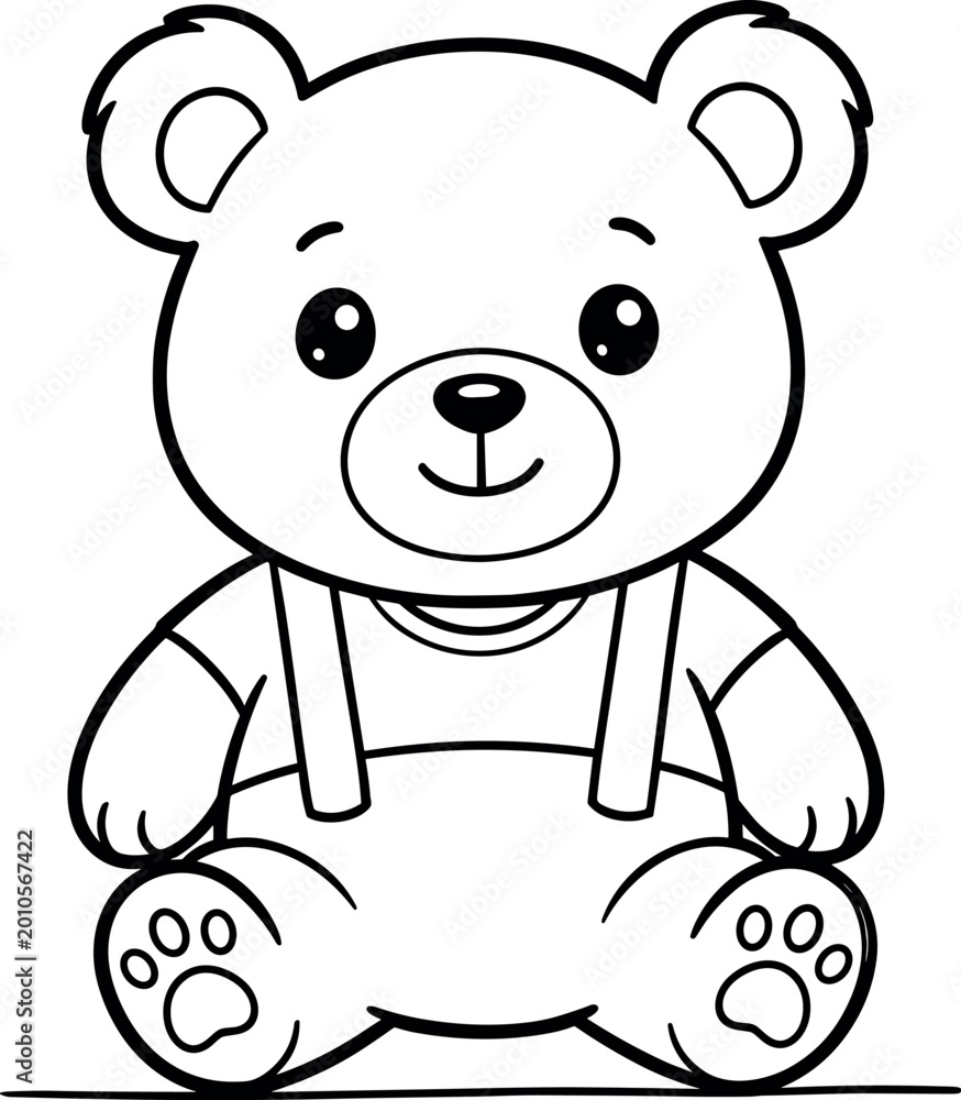 Fototapeta premium Cute Teddy Bear Sitting Cartoon Character Line Art Illustration with Overalls for Kids Coloring Pages, Nursery Designs, Baby Products, and Printable Outline Graphics