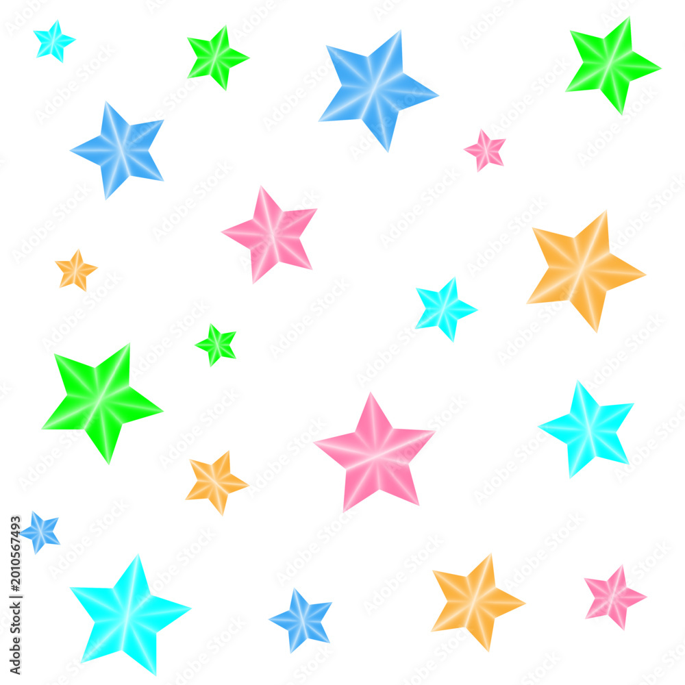 Obraz premium A seamless star pattern of sparkling, five-pointed stars with an iridescent surface and highlights. White background. Linear gradient.