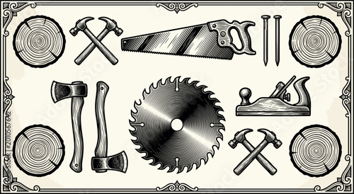 Schilderij op canvas Vintage Vector Set of Woodworking Tools Including Saws, Hammers, Axes, and Plane