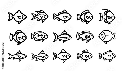 Foto Set of small minimalist fish line icons, aquatic wildlife and seafood symbols