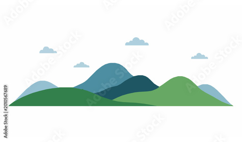 Canvas Print Simple flat landscape illustration of green hills and blue mountains under a cloudy sky