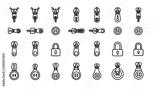Photos Large set of zipper and fastener line icons, clothing hardware and sewing symbols