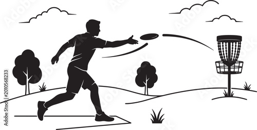 Silhouette of a man throwing a frisbee towards a disc golf basket in an outdoor park also transparent background