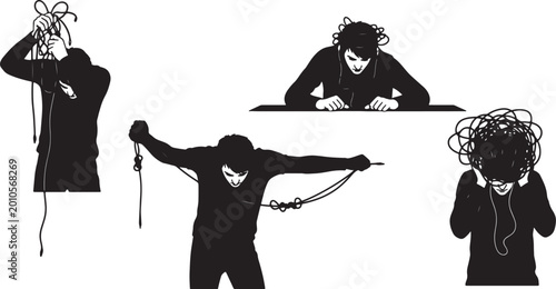 Tableau sur toile Silhouettes of people struggling with tangled ropes and wires in various poses a