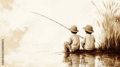 Two children fishing by lake with tall grass, evoking nostalgic summer memories and peaceful childhood friendship art.
