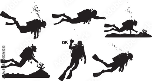 Foto Six black silhouette scuba divers in various underwater positions, showing diffe