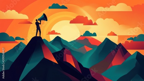Leader silhouette shouting with megaphone on mountain peak at vibrant sunrise, announcing vision and success for a new era ahead