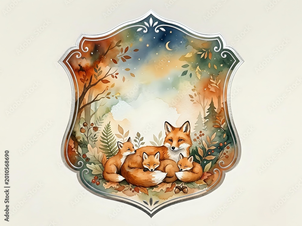 Obraz premium Watercolor fox family with cubs in decorative shield frame surrounded by autumn foliage and botanical elements on isolated white background.