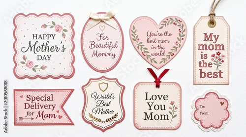 Mothers Day gift tags set with floral designs and sweet messages for a holiday celebration presented on a white background for card making project