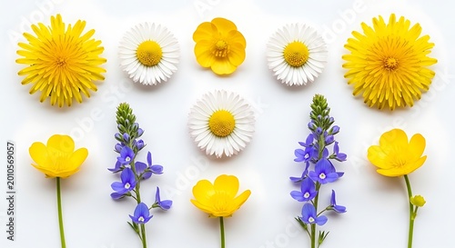Arrangement of colorful flowers on a white background for design elements