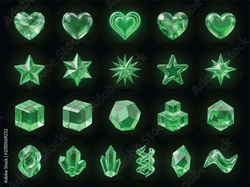 Collection of green crystal shapes including hearts stars and geometric forms on dark background