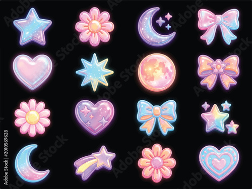 Collection of pastel colored shiny stickers with various cute shapes  stars moons hearts flowers bows