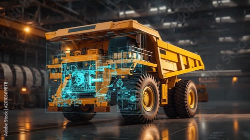 Autonomous mining dump truck inside industrial factory with glowing digital diagnostics overlay and heavy machinery automation technology