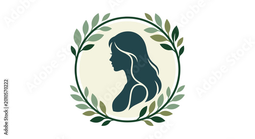 Female profile silhouette with laurel wreath dark green and beige