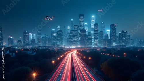 A futuristic smart city skyline with flying drones and glowing traffic lanes at night