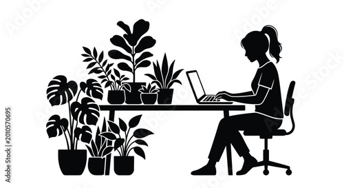 Woman working on laptop with plants black silhouette