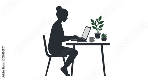 Woman working at desk silhouette with plant and coffee