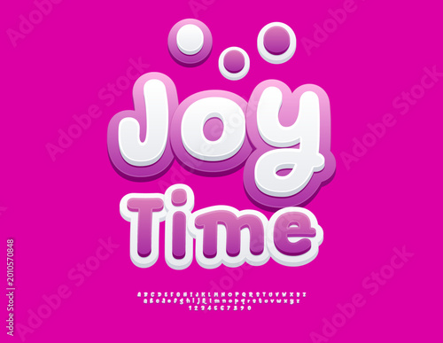 Vector Joyful logo Joy Time.Funny White and Pink Font. Playful Alphabet Letters and Numbers. 