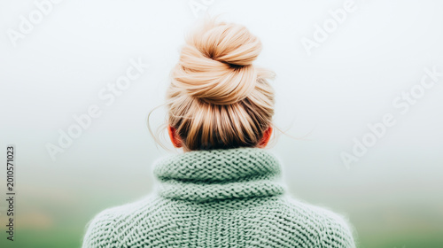 Rear view of a woman with blonde hair bun wearing a cozy knitted sweater in a calm foggy outdoor setting. Ideal for concepts of solitude, comfort, winter, and mindfulness.