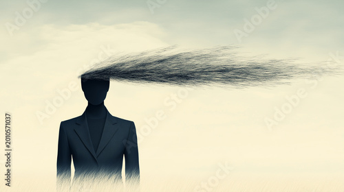 Surreal faceless figure with thoughts dissolving into the wind, symbolizing stress, anxiety, burnout, memory loss, and mental overload in a minimalist conceptual scene.