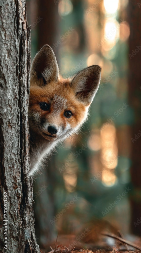Fototapeta premium Baby Fox Peeking from Behind Tree Corner in Enchanted Forest Bokeh Background