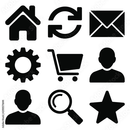 Minimalist Web Icon Set - Flat Vector UI Symbols Including Home, Refresh, Mail, Settings, Shopping Cart, User, Search, and Star