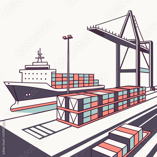 Obraz na płótnie Cargo ship being loaded by crane at international port terminal with container